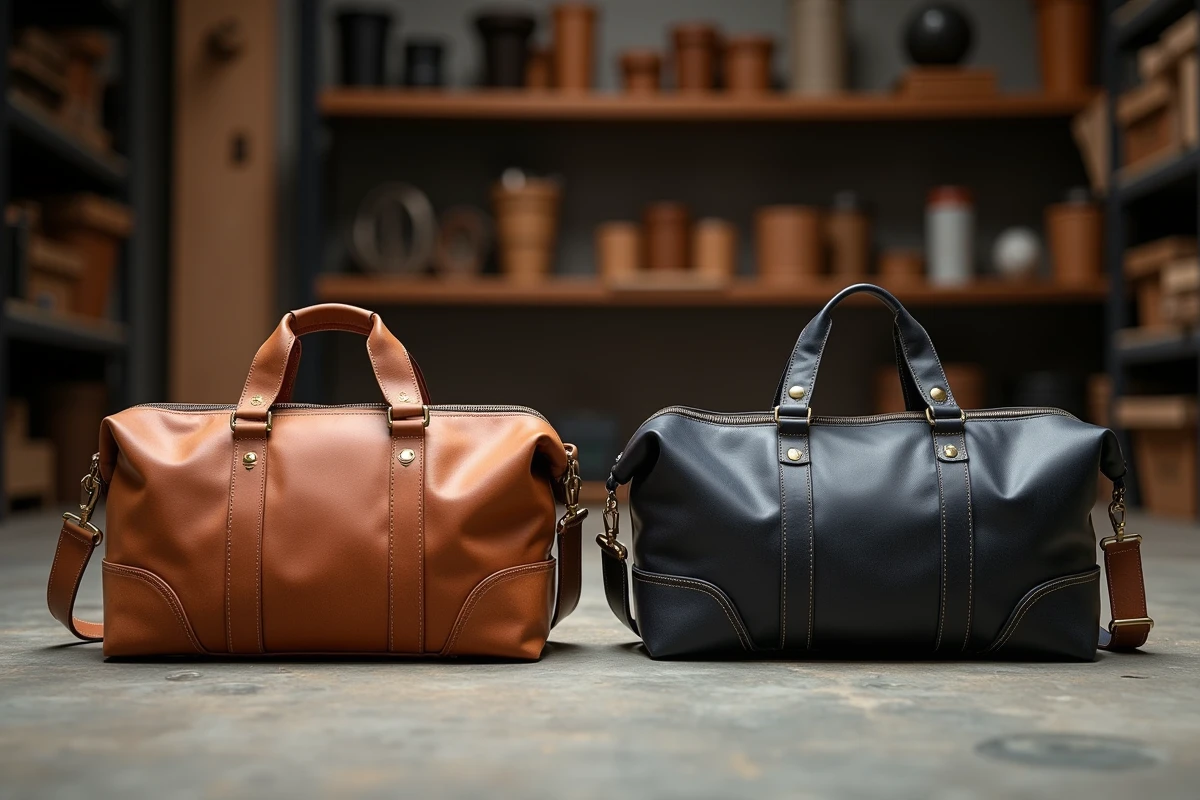 Comparaison de deux sacs de sport en cuir artisanal sur béton brut, détaillant les coutures, ferrures et matériaux pour guider le choix d'un modèle durable