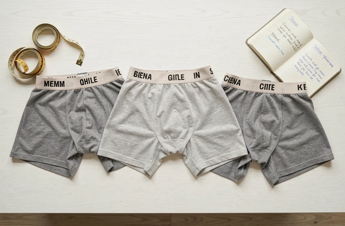 Comparaison de trois boxers de tailles différentes avec mètre ruban et guide de tailles manuscrit