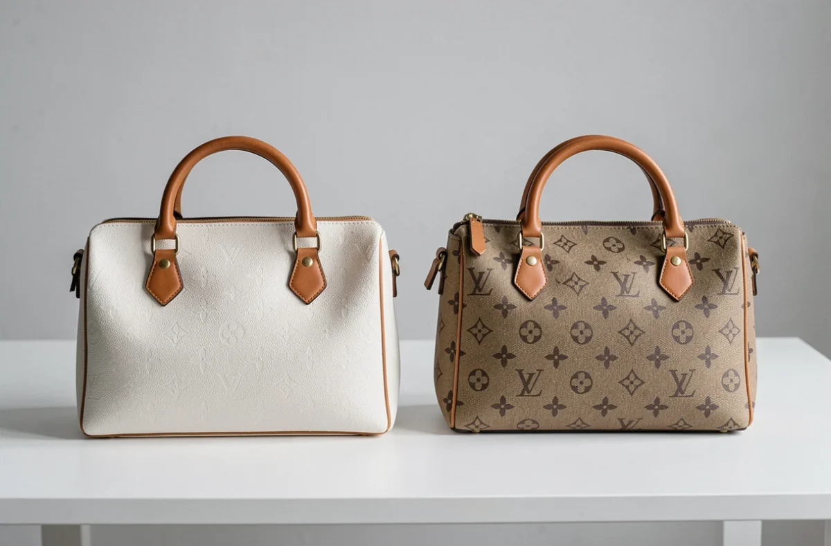 Comparaison côte à côte d'un vrai et d'un faux sac Louis Vuitton, révélant les défauts de contrefaçon sur les coutures et le motif