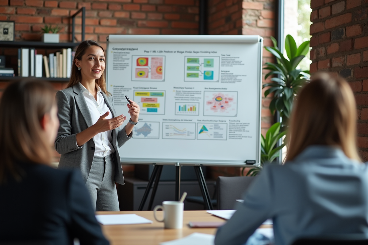 Jeune consultante expliquant des diagrammes à une équipe