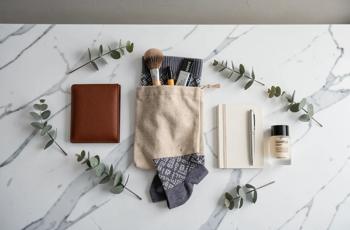 Contenu d'une box cadeau homme abordable en flat-lay sur marbre blanc avec accessoires tendance