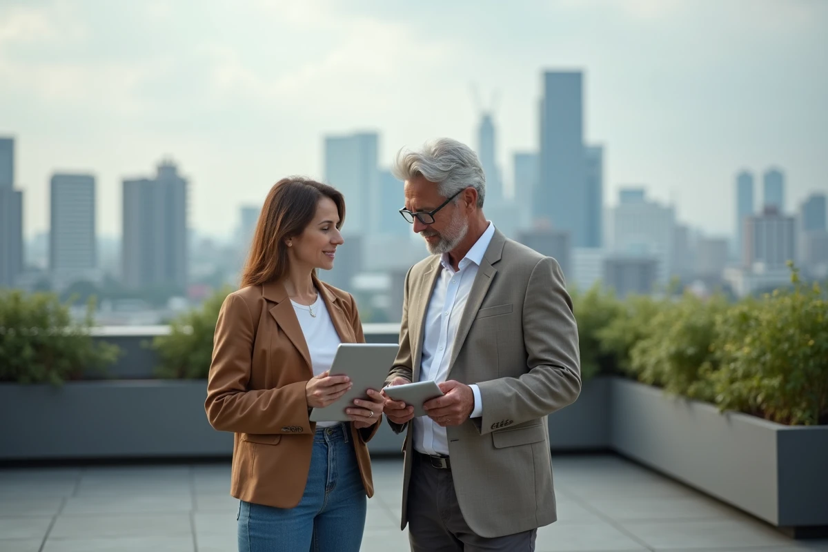 Homme et femme discutant sur un rooftop avec tablettes en ville