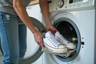 Femme plaçant des Converse blanches dans un filet de lavage avant de les mettre en machine à laver