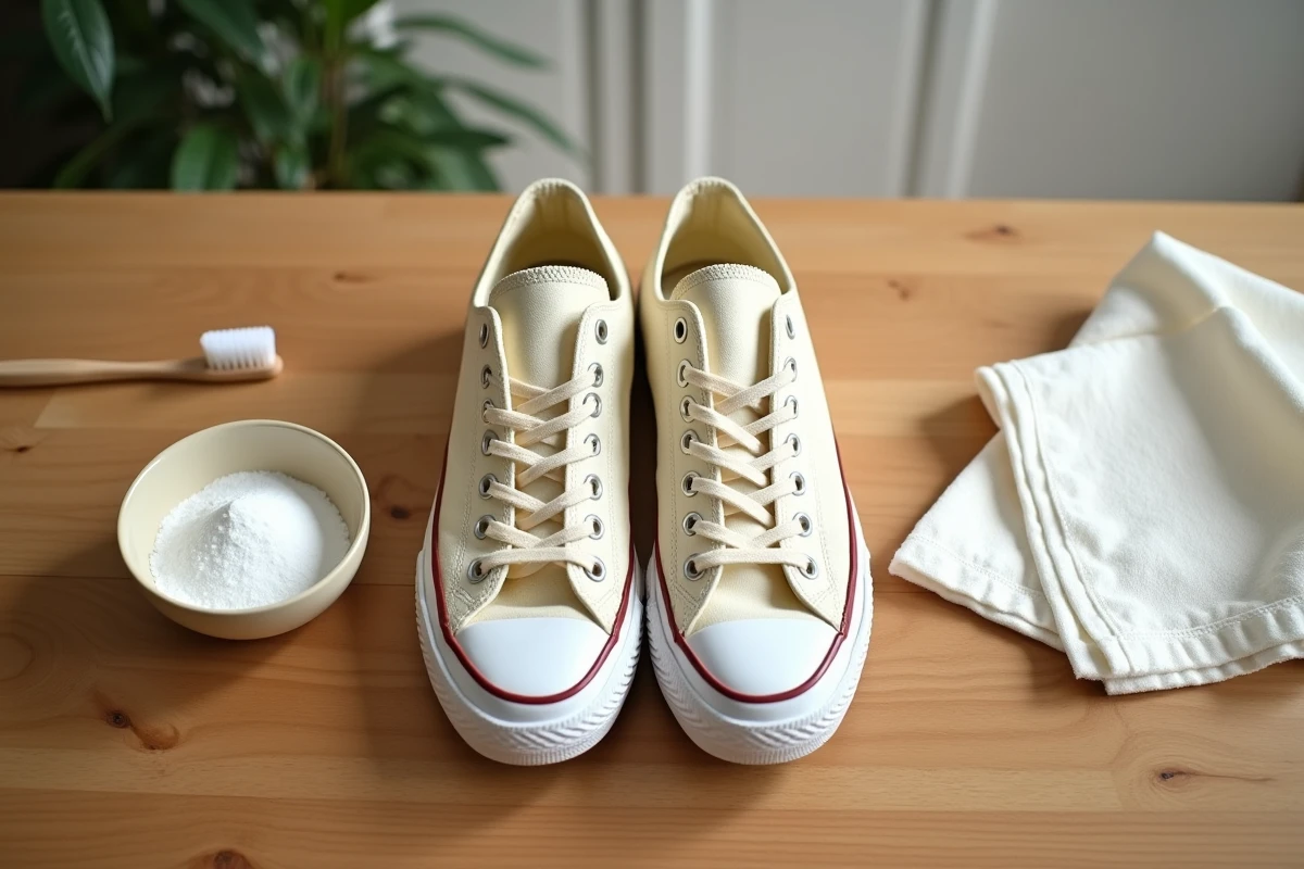 Préparation au lavage de Converse avec bicarbonate de soude et brosse avant le passage en machine