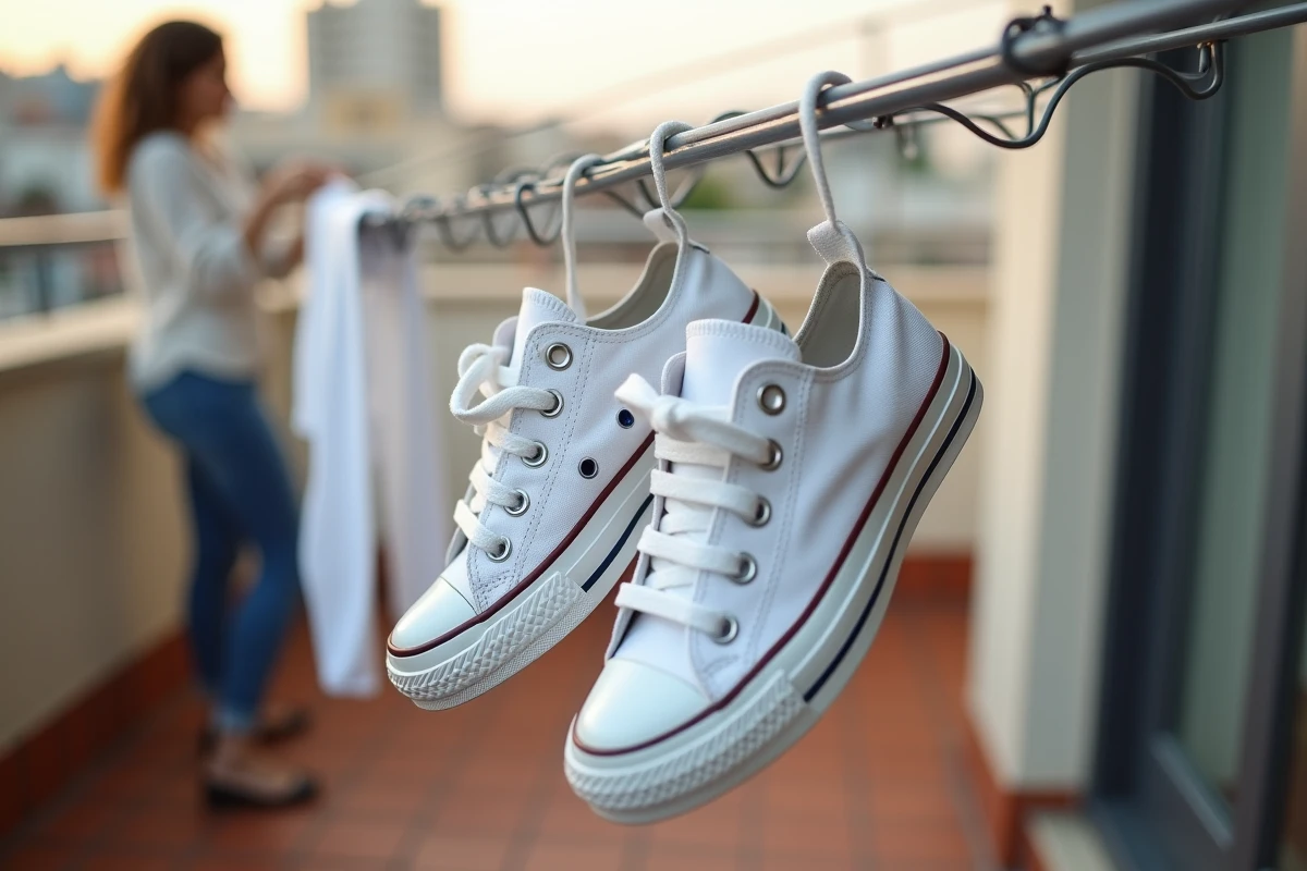 Converse blanches propres suspendues à un séchoir extérieur après lavage en machine à laver