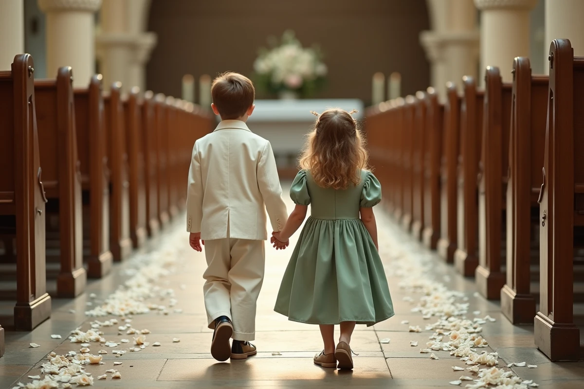 Enfants du cortège de mariage, garçon en costume lin et fillette en robe vert sauge, marchant dans une église