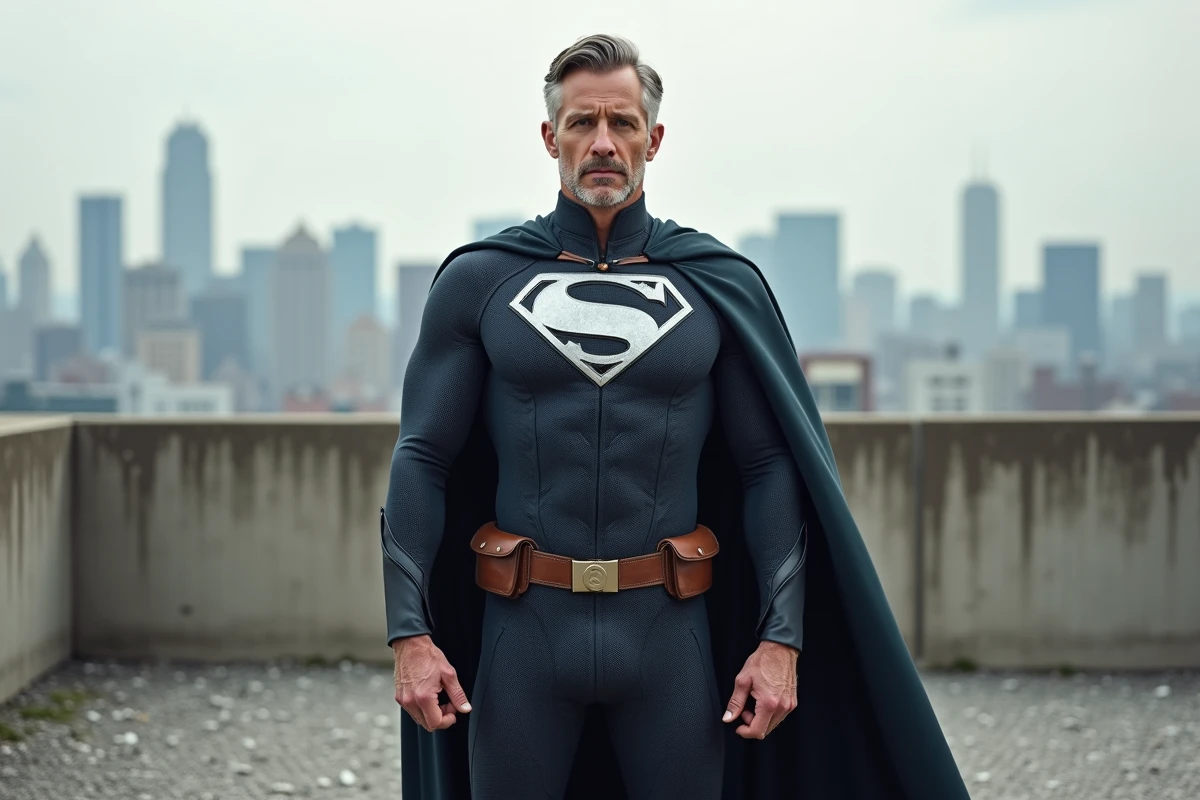 Homme en costume de super héros personnalisé avec cape et ceinture artisanale posant sur un toit en ville