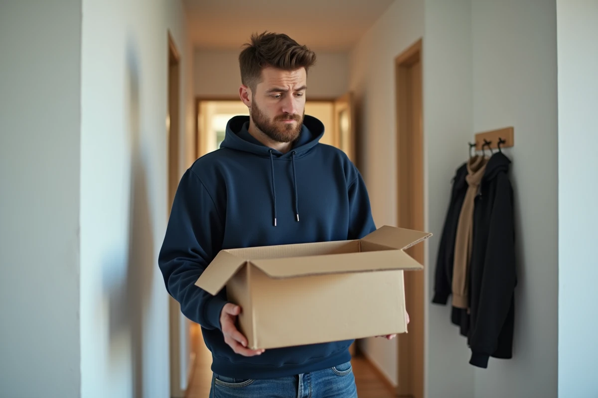 Homme tenant un colis ouvert avec une expression déçue dans un couloir d'appartement, représentant une mauvaise expérience d'achat sur une vente privée comme The Bradery