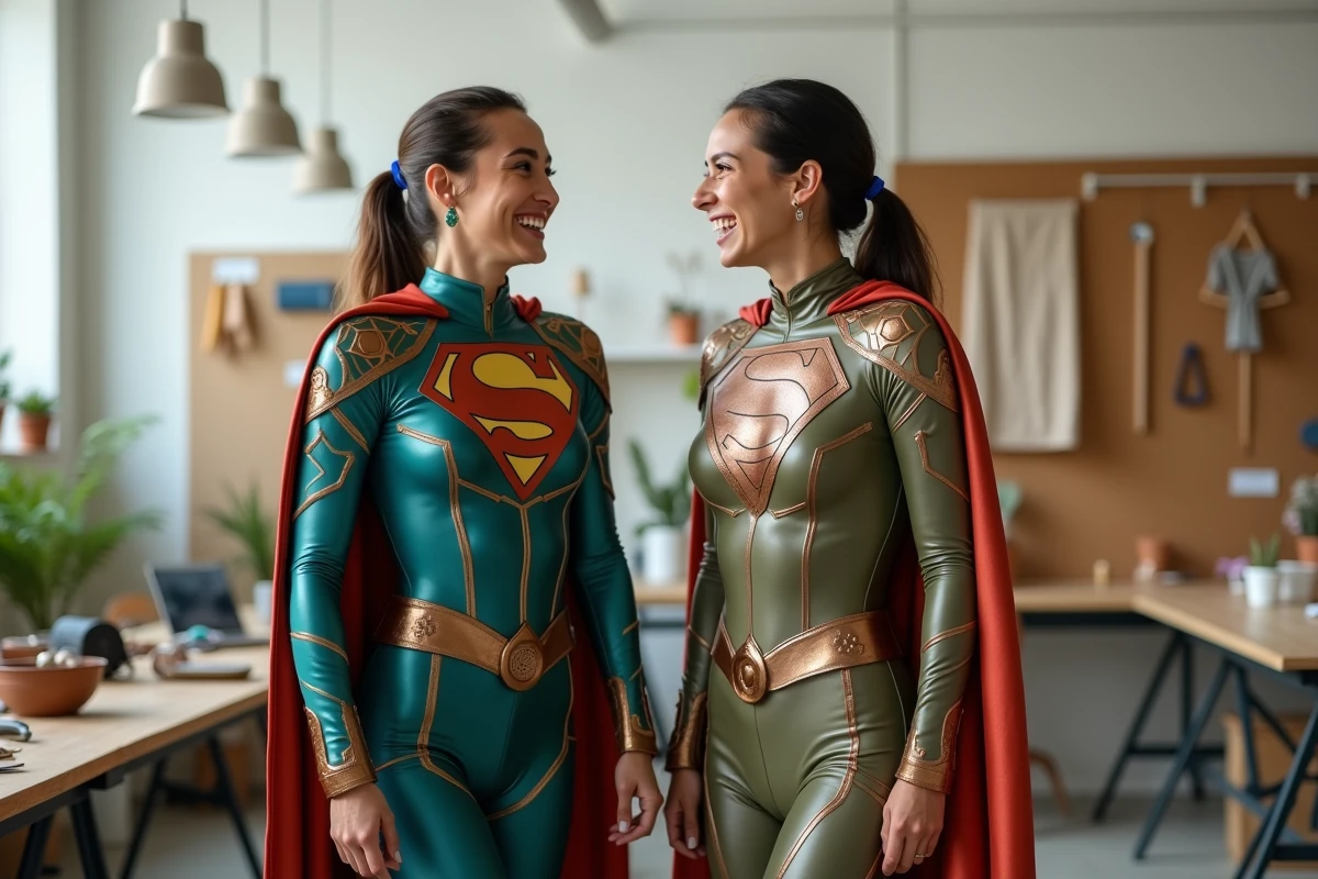 Deux amis comparant leurs déguisements de super héros personnalisés avec broderies et motifs faits main dans un atelier