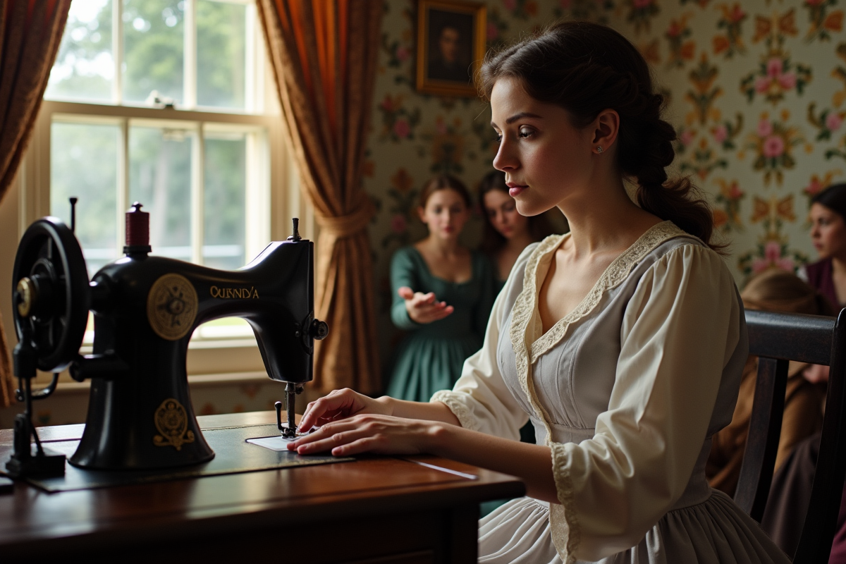 Jeune femme montre une machine à coudre lors d une demonstration