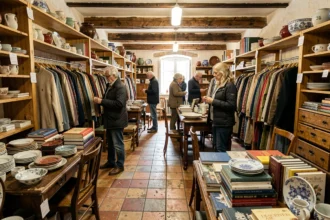 Intérieur animé d'un dépôt-vente dans les Pays de la Loire avec meubles vintage, vêtements et objets de décoration