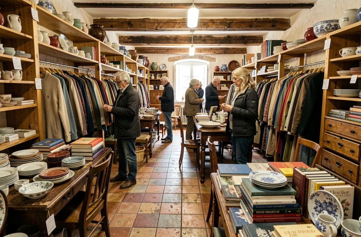 Intérieur animé d'un dépôt-vente dans les Pays de la Loire avec meubles vintage, vêtements et objets de décoration