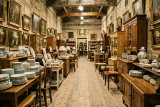 Intérieur d'un dépôt-vente typique dans le Rhône, avec meubles vintage, céramiques et tableaux anciens disposés en allées dans un espace chaleureux et éclectique.