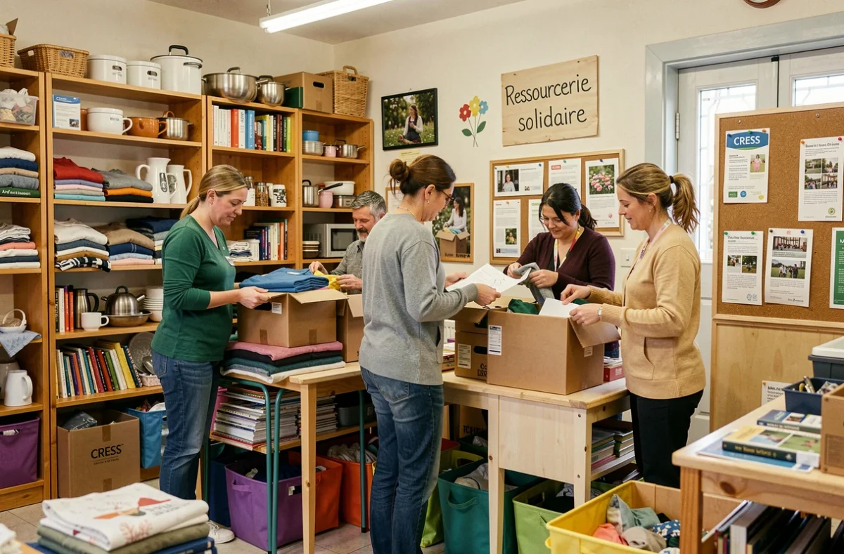 Bénévoles triant des dons dans un dépôt-vente solidaire référencé par la CRESS Pays de la Loire