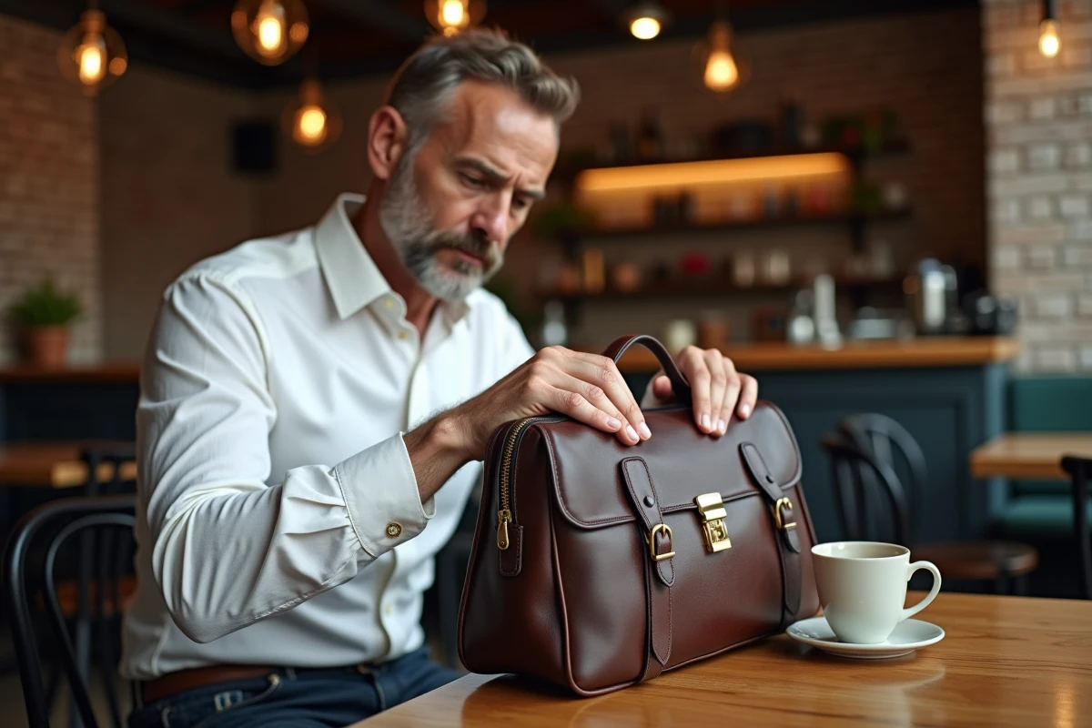 Homme examinant les détails en laiton d'une besace en cuir marron foncé posée sur une table de café en bois