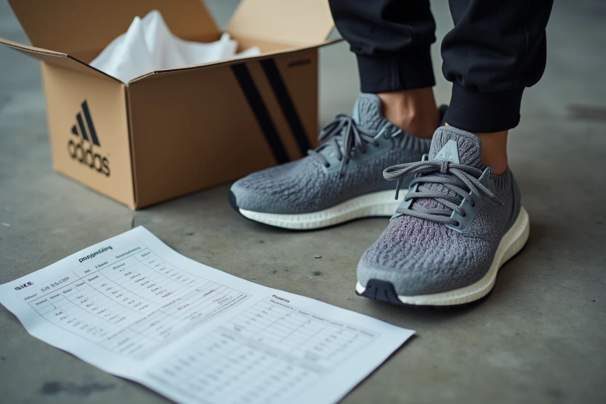 Gros plan sur des chaussures Adidas Ultraboost avec boîte et guide des tailles posés sur sol en béton