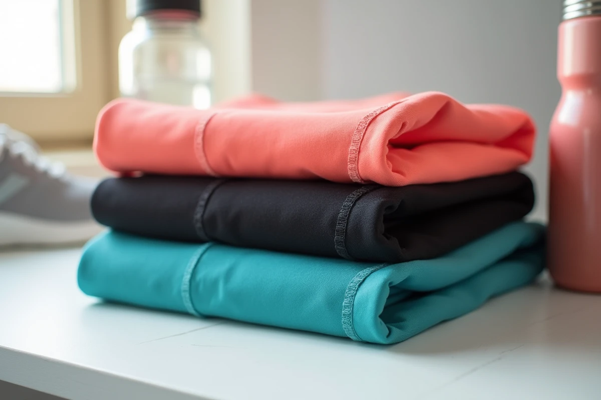 Gros plan sur des vêtements spandex colorés soigneusement pliés avec des accessoires de sport, mettant en avant la texture et la qualité du tissu