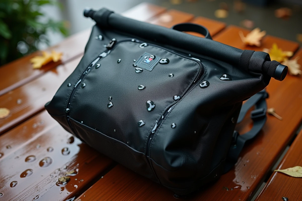 Gros plan en flat-lay d'un sac à dos imperméable avec détails techniques : fermetures YKK étanches, coutures renforcées et traitement déperlant visible