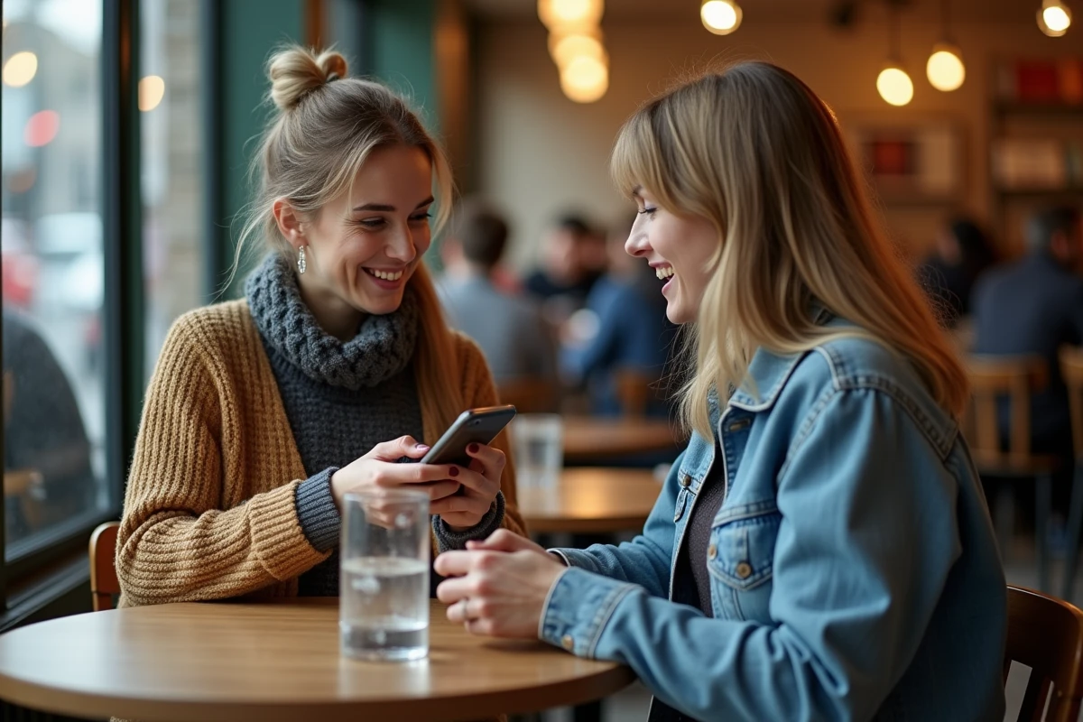 Deux femmes discutant d'avis sur des leggings minceur sur un smartphone dans un café urbain