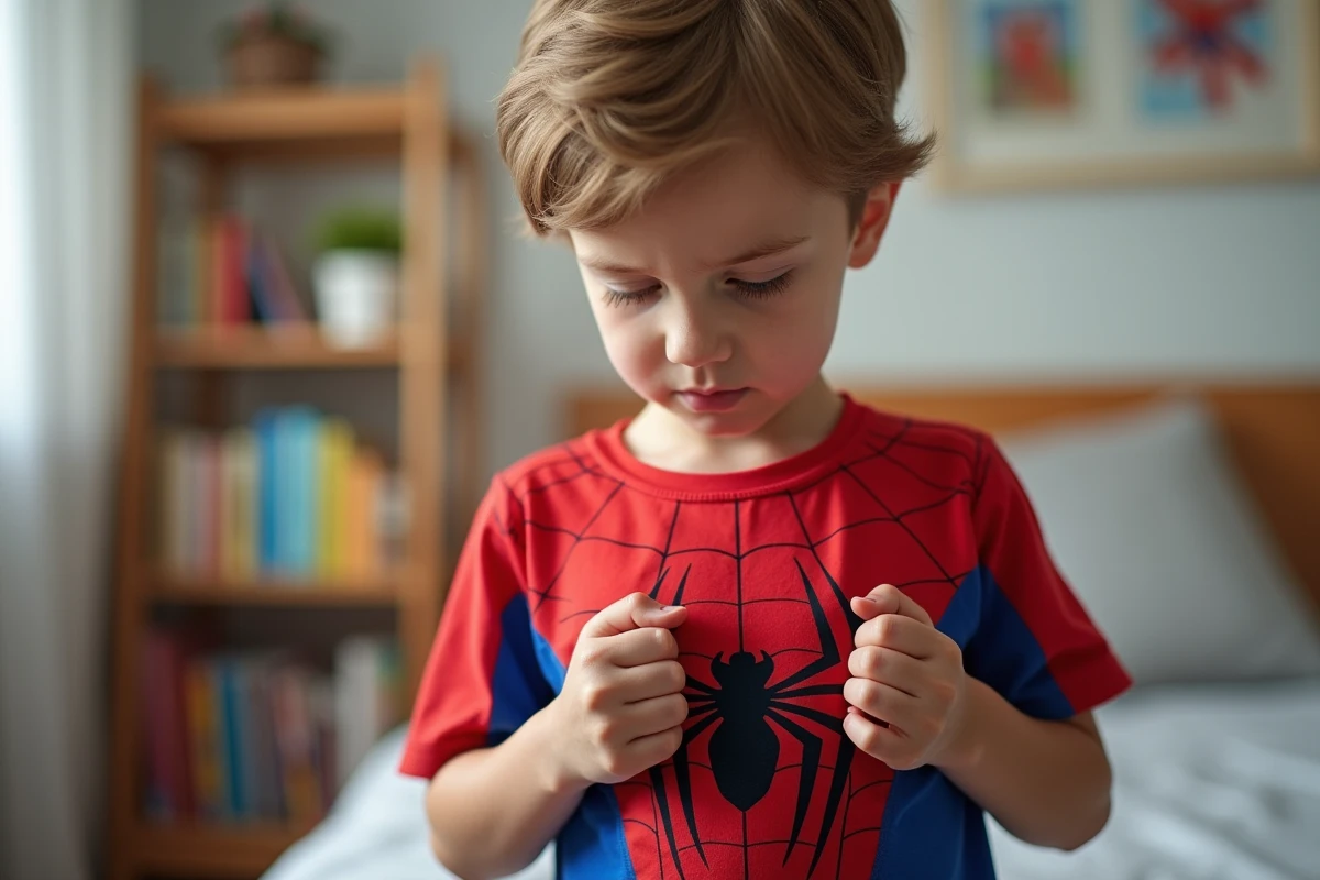 Jeune garçon inspectant l'étiquette de sécurité d'un t-shirt Spiderman dans sa chambre