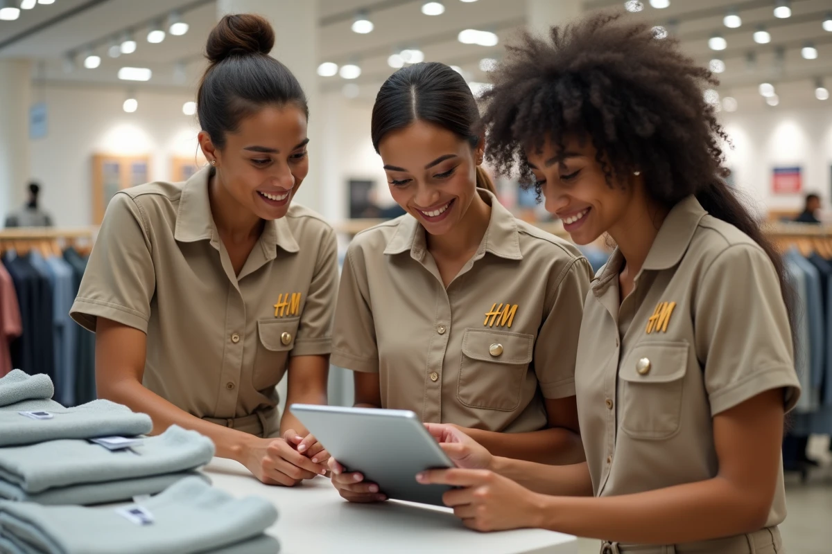 Groupe de jeunes étudiants en uniforme H&M consultant un planning de travail sur tablette dans un magasin