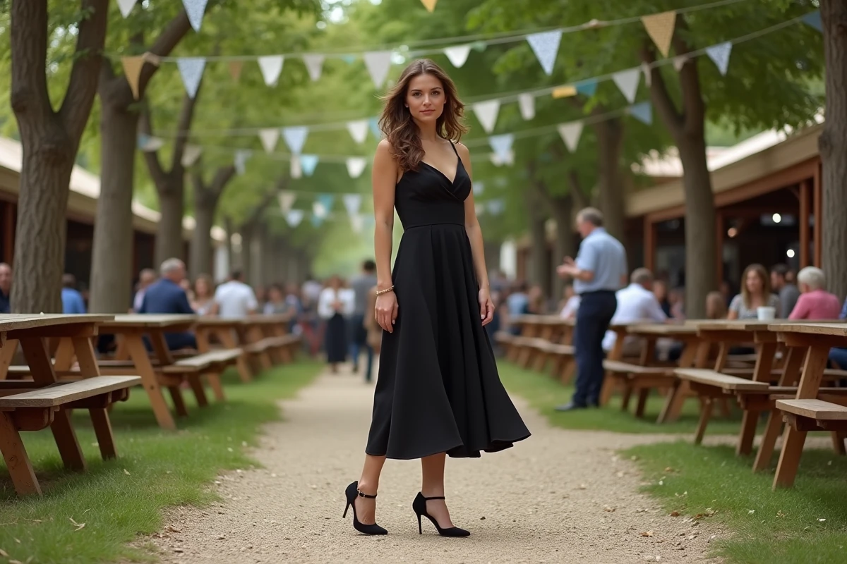Femme en robe de cocktail trop formelle et talons aiguilles inadaptés à une fête guinguette en plein air