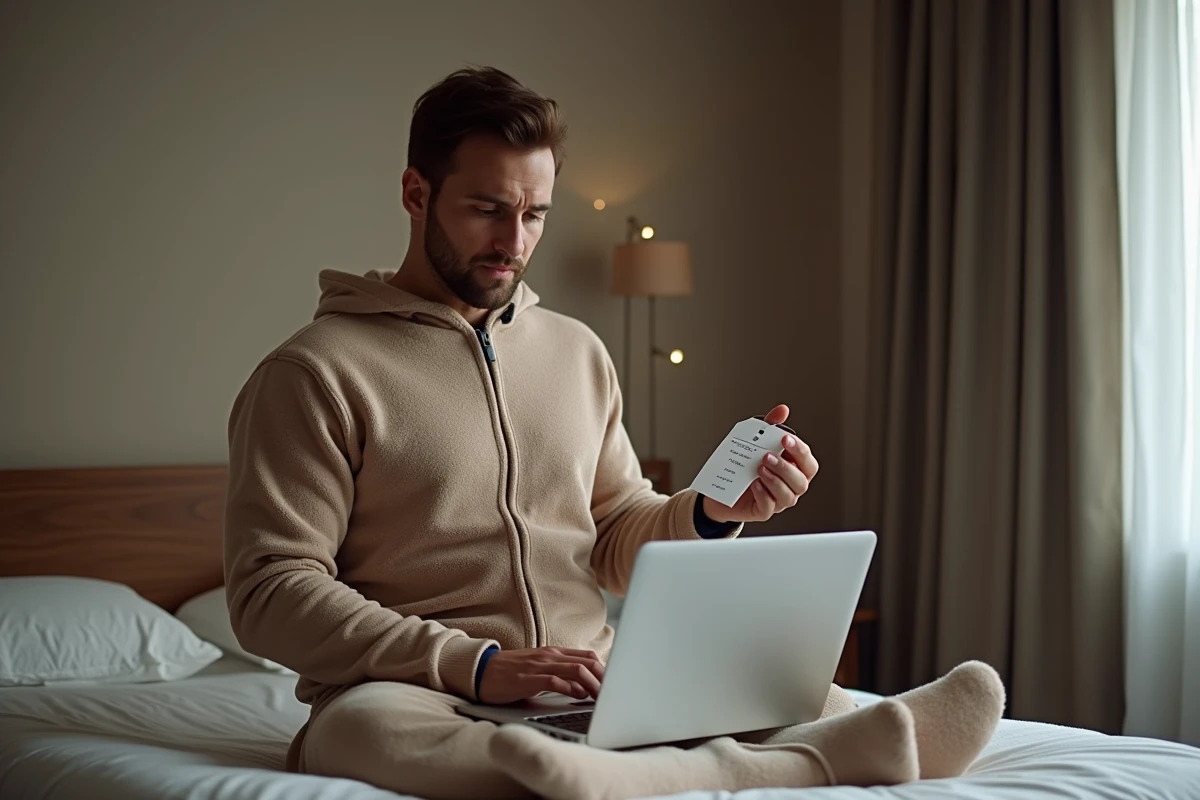 Homme en grenouillère trop longue aux chevilles consultant un guide des tailles sur ordinateur portable