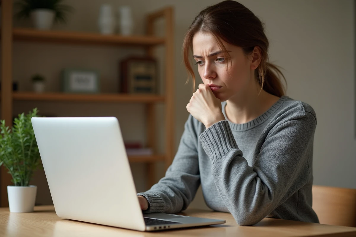 Femme devant un ordinateur portant parcourant un site de vente privée avec une expression hésitante, illustrant les erreurs courantes des nouveaux membres sur The Bradery