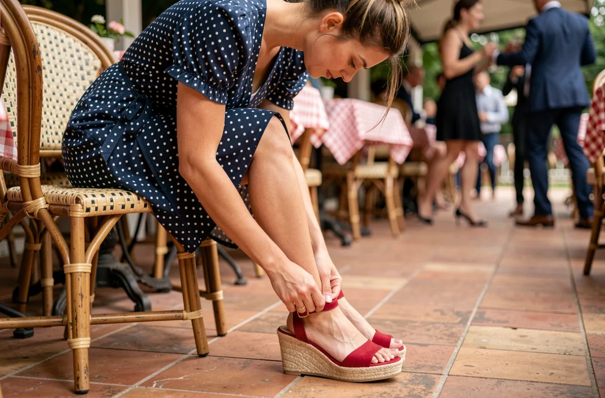 Gros plan sur des espadrilles compensées rouges portées avec une robe à pois lors d'une guinguette
