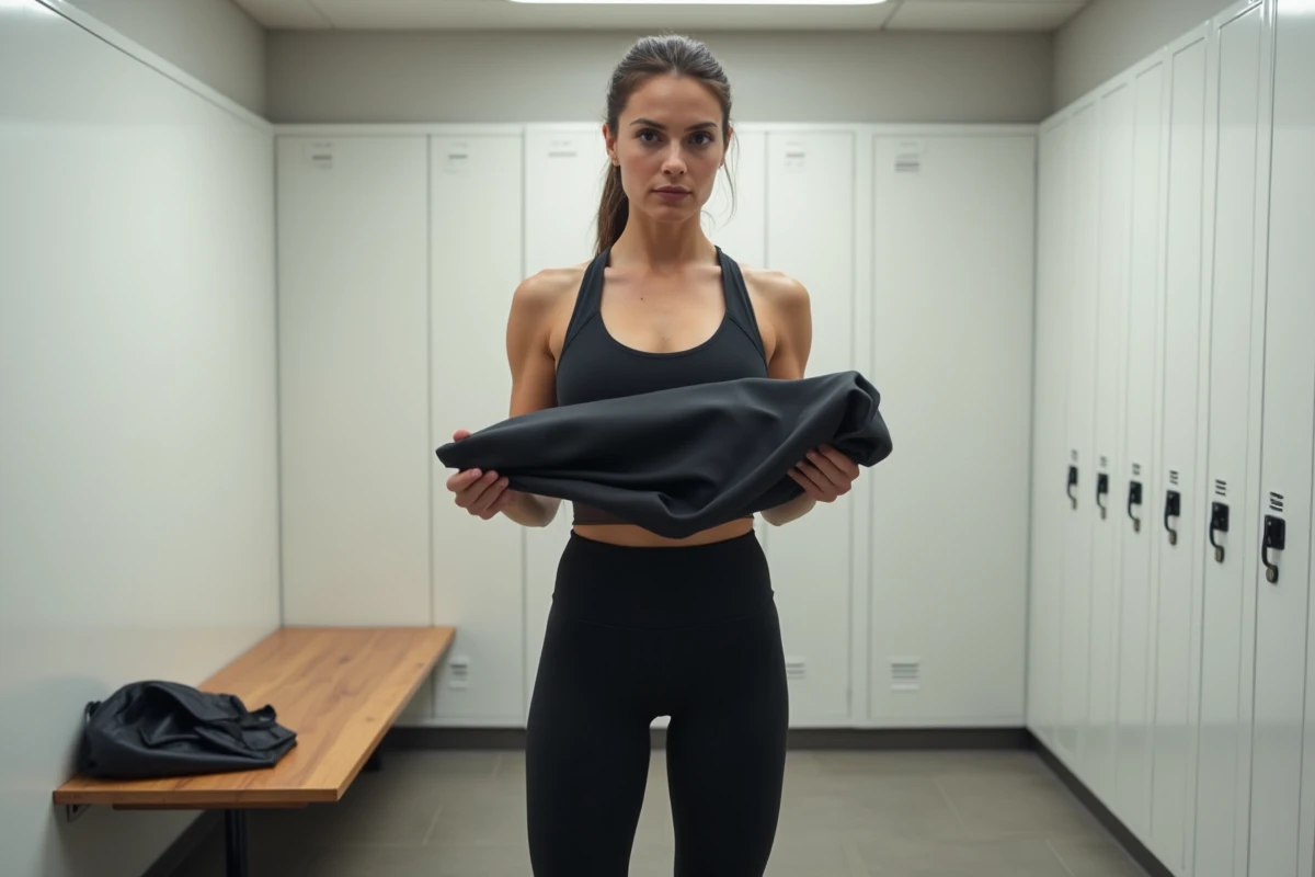 Femme examinant un legging minceur de compression dans un vestiaire de salle de sport avec un regard évaluateur