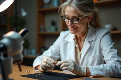 Experte en joaillerie examinant un poinçon sur une bague en or avec une loupe professionnelle
