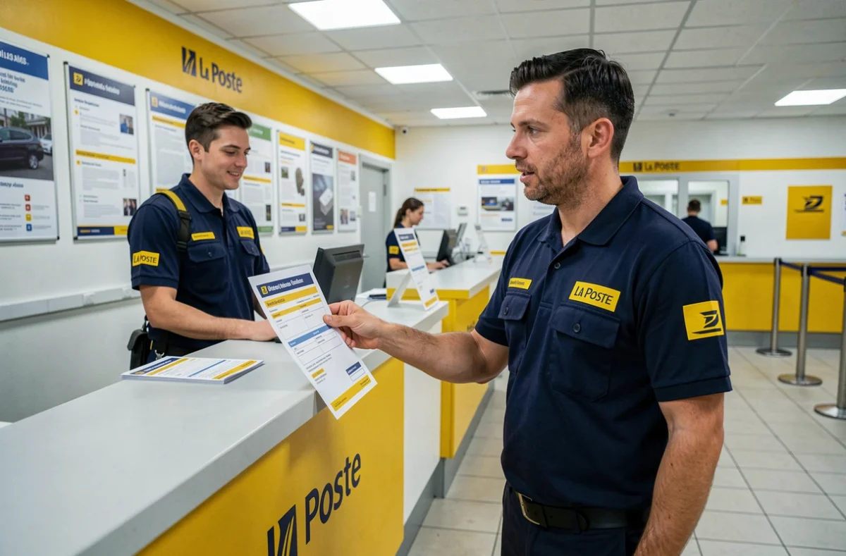 Facteur La Poste remplissant un bon de commande uniforme 2026 au guichet