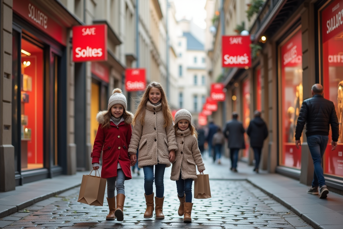 Famille joyeuse marchant dans rue commerçante