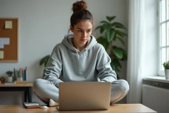 Femme analysant des avis clients sur un legging minceur sur son ordinateur portable avec un regard critique et réfléchi