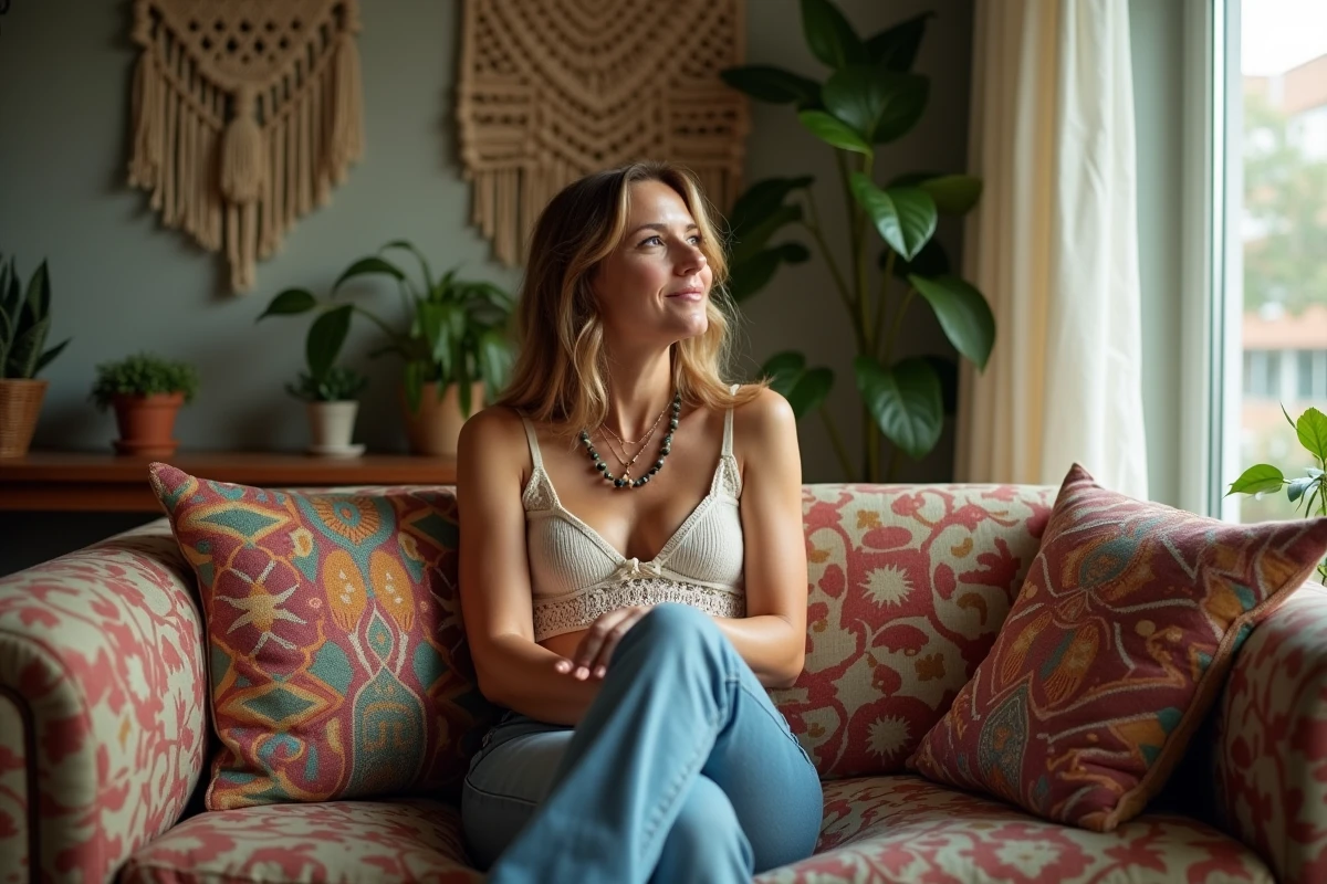 Femme en jeans flare et crochet dans un salon boho
