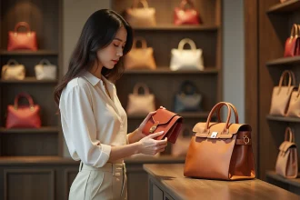 Jeune femme compare sac en cuir et imitation dans une boutique