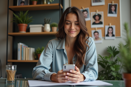 Femme stylée au bureau avec deux smartphones