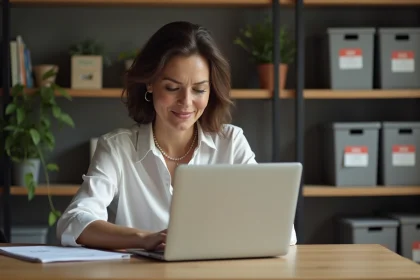 Femme d'&acirc;ge moyen travaillant sur son ordinateur dans un bureau moderne
