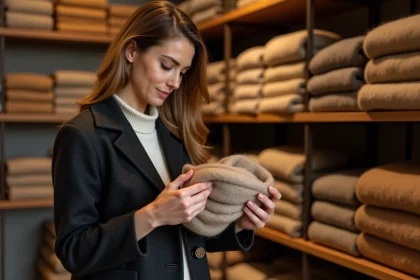 Femme tenant un châle en cachemire dans une boutique de textiles hiver, comparaison cachemire et pashmina