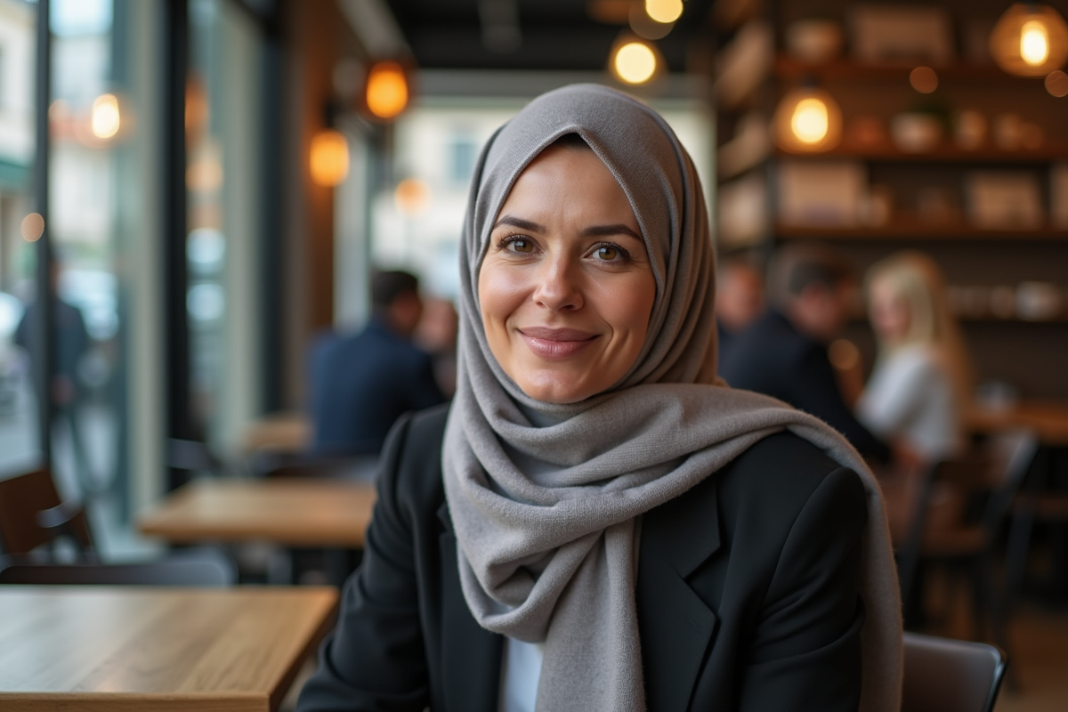 Femme méditant dans un café moderne avec hijab en coton