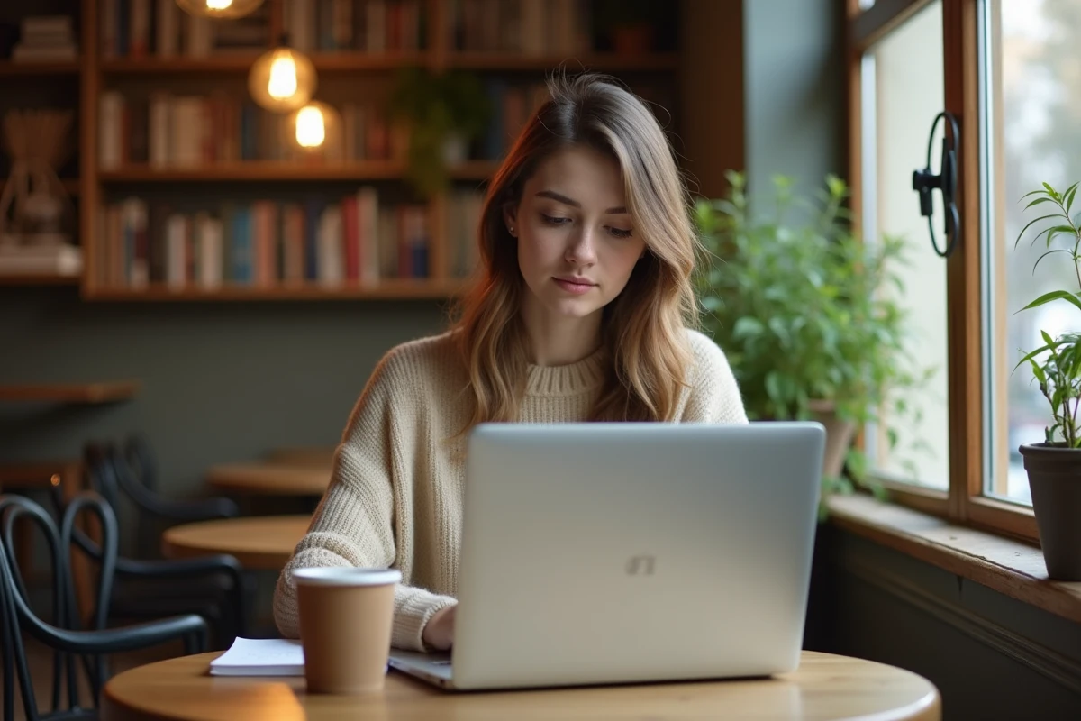 Femme française utilisant un ordinateur dans un café cosy