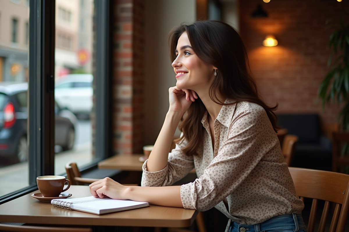 Jeune femme celebrité pensant dans un café cosy