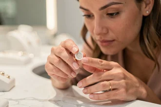 Femme examinant une chevalière en or blanc entre ses doigts sur un comptoir en marbre
