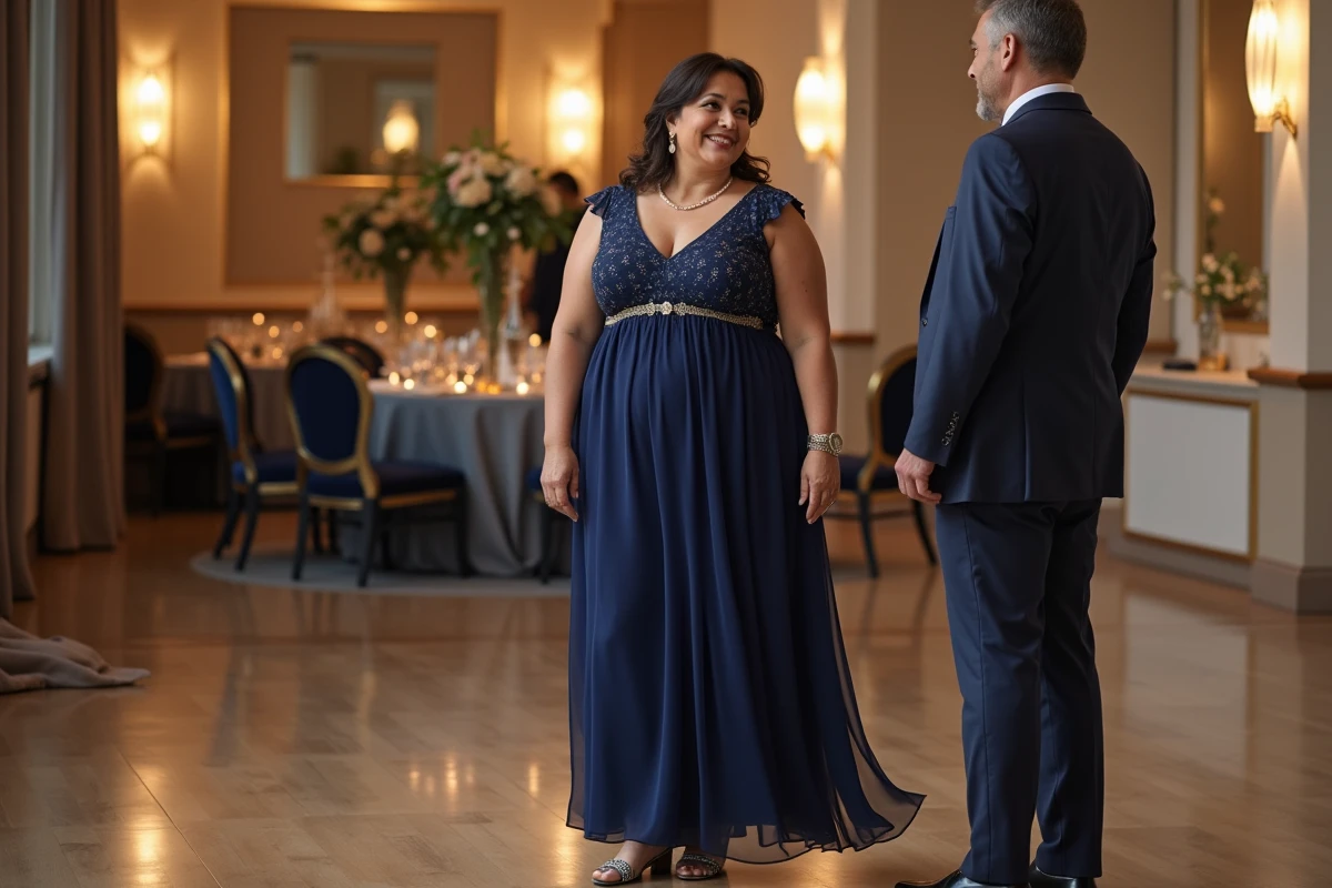 Femme confiante en robe chiffon navy lors d une reception