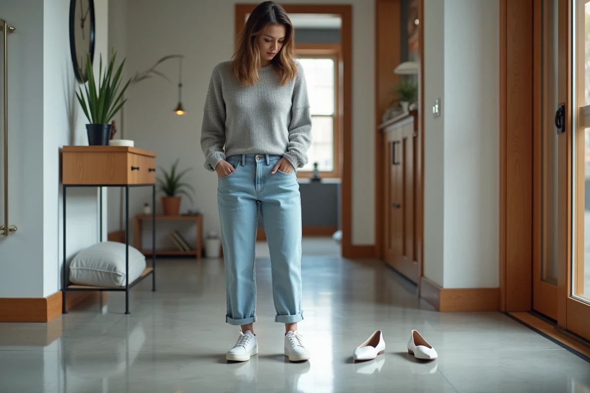 Femme comparant deux paires de chaussures dans une entrée moderne pour choisir sa pointure UK