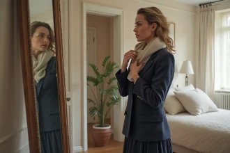 Femme confiante en blazer et jupe midi devant miroir