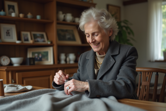 Femme cousant un bouton sur sa veste en laine dans un intérieur chaleureux