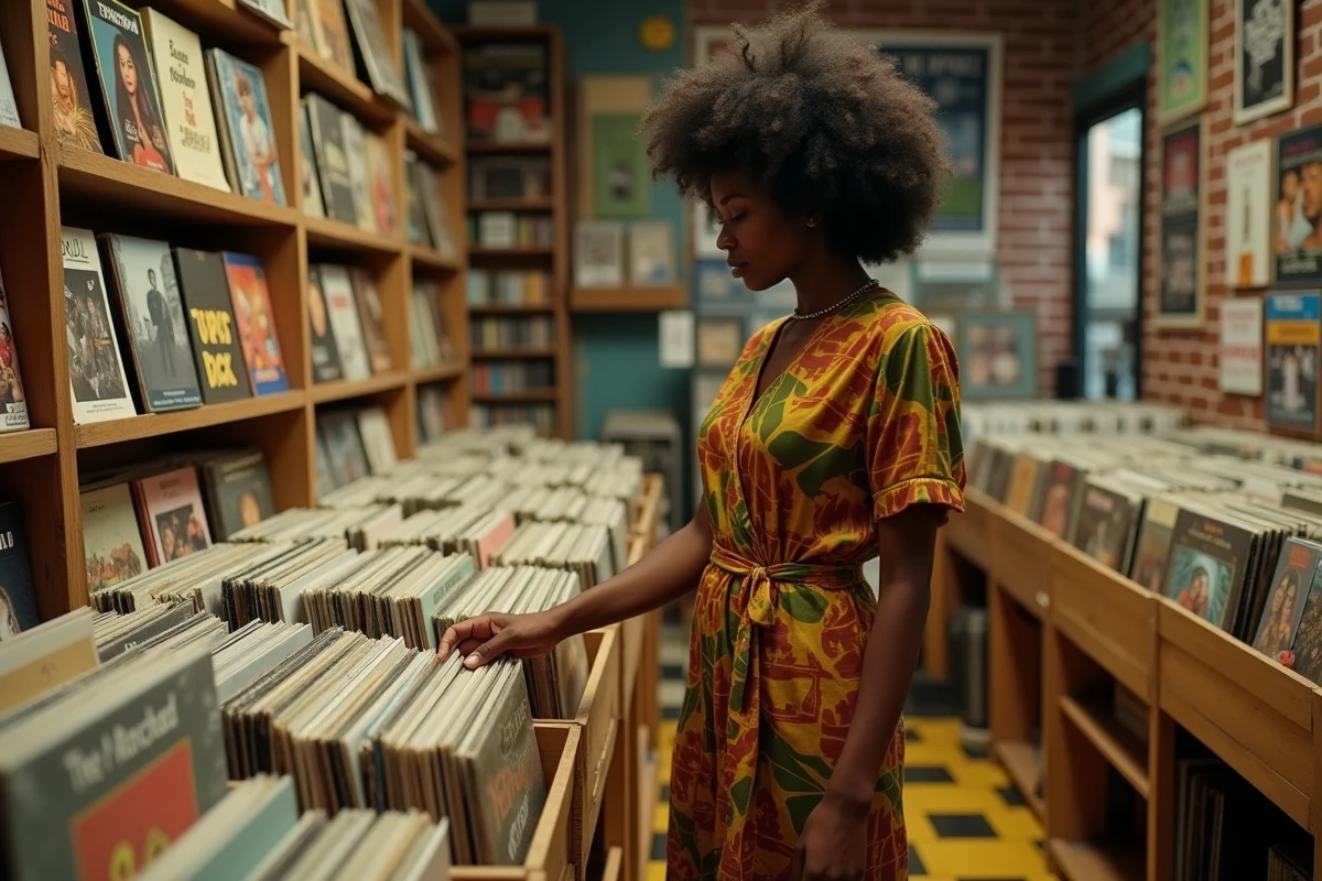 Femme aux cheveux afro en robe à imprimé géométrique années 70 feuilletant des disques vinyles dans un magasin vintage