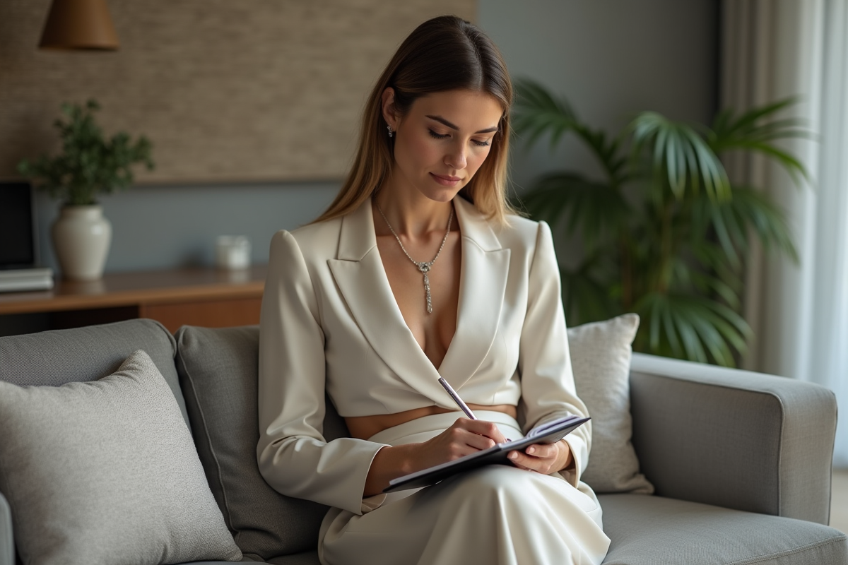Femme élégante écrivant dans un carnet à l
