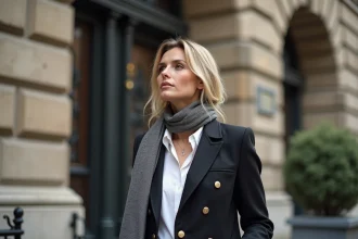 Femme élégante en blazer dans un bâtiment historique